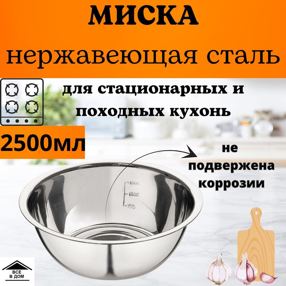 Миска тарелка из нержавеющей стали для кухни и пикника 2,5л Bowl-Roll-24  003278