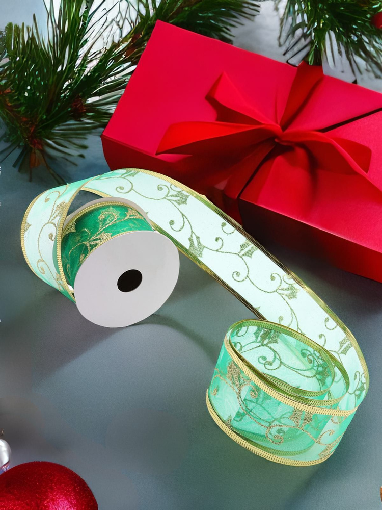 Лента упаковочная для подарков и декора органза зеленый/золото 5 см*10 ...