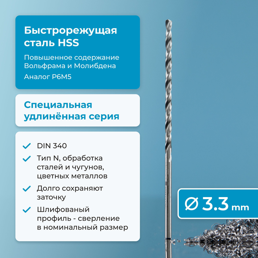 Сверло по металлу 3.3 мм NORGAU Industrial HSS удлинённое, шлифованное, с центрирующей подточкой перемычки, #1