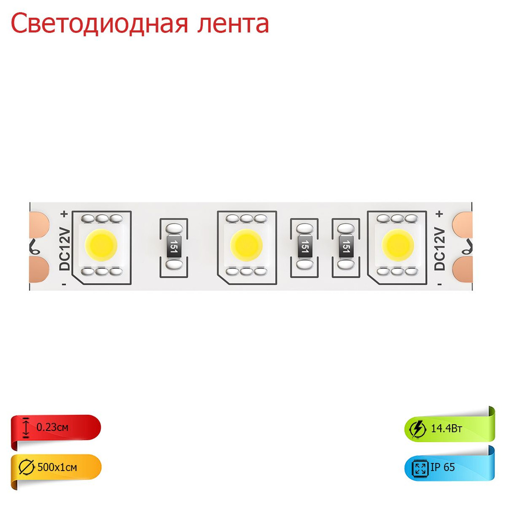 Светодиодная лента 12В 5050 14,4Вт/м 6000K 5м IP65 10133 #1