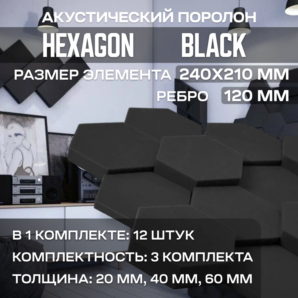 Акустический поролон Hexagon Black 36 штук, темный графит #1