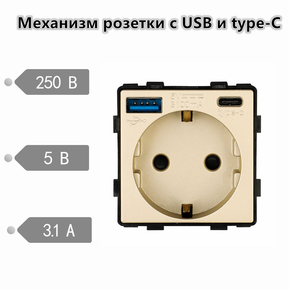 Механизм розетки с USB, Type C, 3.1A с заземлением, Золотой #1