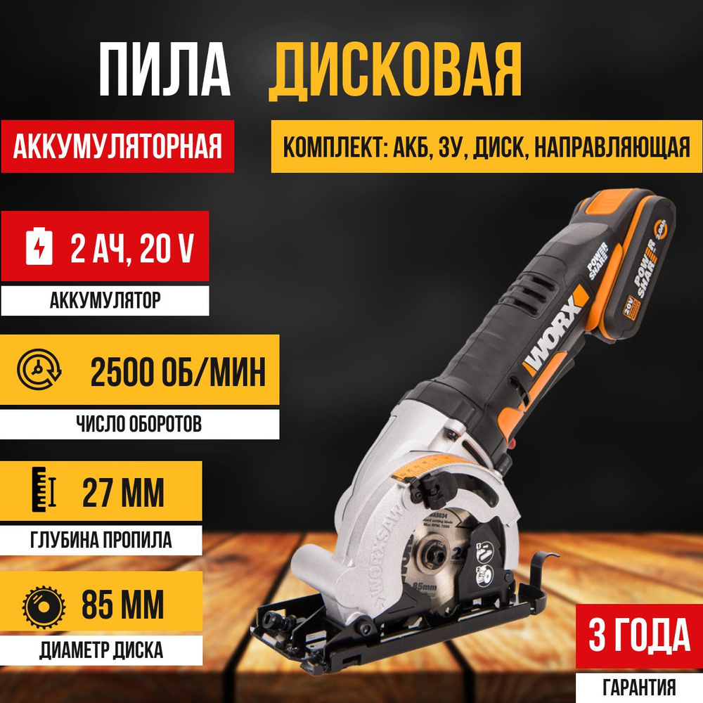 Дисковая пила аккумуляторная WORX SAW WX527, мини циркулярная пила с ...