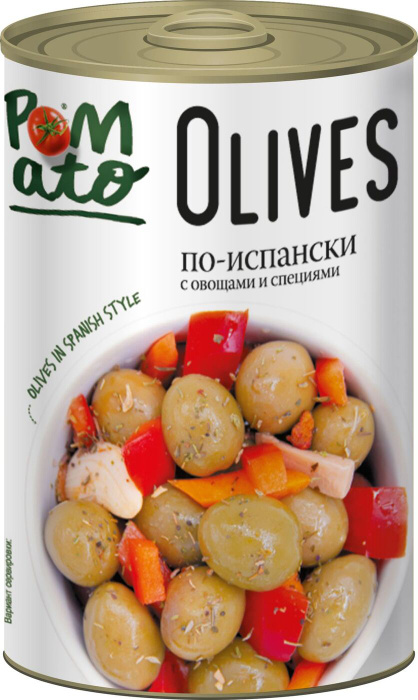 Оливки POMATO по-испански с овощами и специями, жестяная банка, 300 г ...