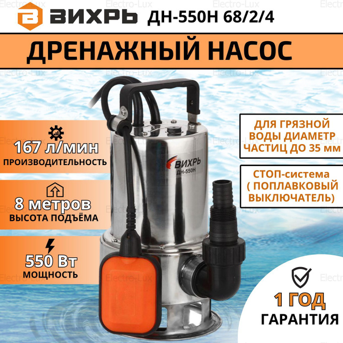 Дренажный насос погружной для грязной воды ВИХРЬ ДН-550Н фекальный ...