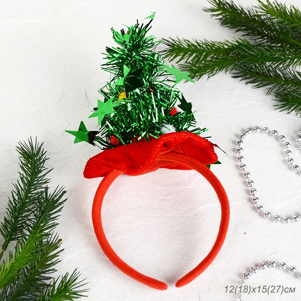 Новогодний ободок Елочка,12-18х15-27 см. Текстиль, пластик.