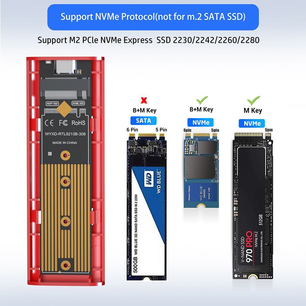 Адаптер корпуса SSD M.2 NVMe, алюминиевый корпус, без инструментов, USB ...