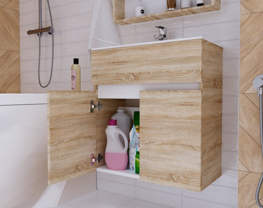 Тумба с раковиной в ванную 60 см подвесная цвет Дуб Сонома Mira 1Marka ...