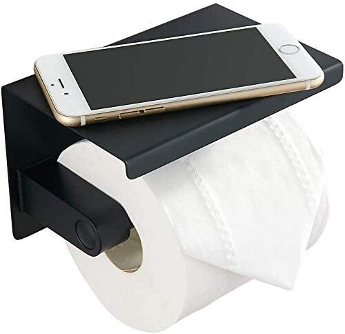 Держатель для туалетной бумаги с полочкой самоклеющийся на липучке Denart, черный, нержавеющая сталь #1