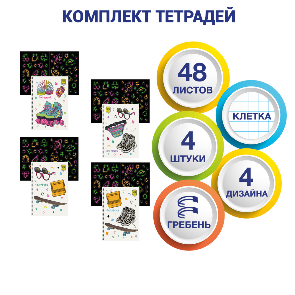 Набор тетрадей в клетку А5 4 шт. Listoff 48 листов, комплект для школы, крепление: спираль и гребень #1