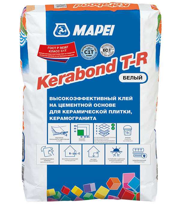 Клей для плитки/ керамогранита/ мозаики/ камня Mapei Kerabond T-R высокопрочный белый класс С1 Т 25 кг #1