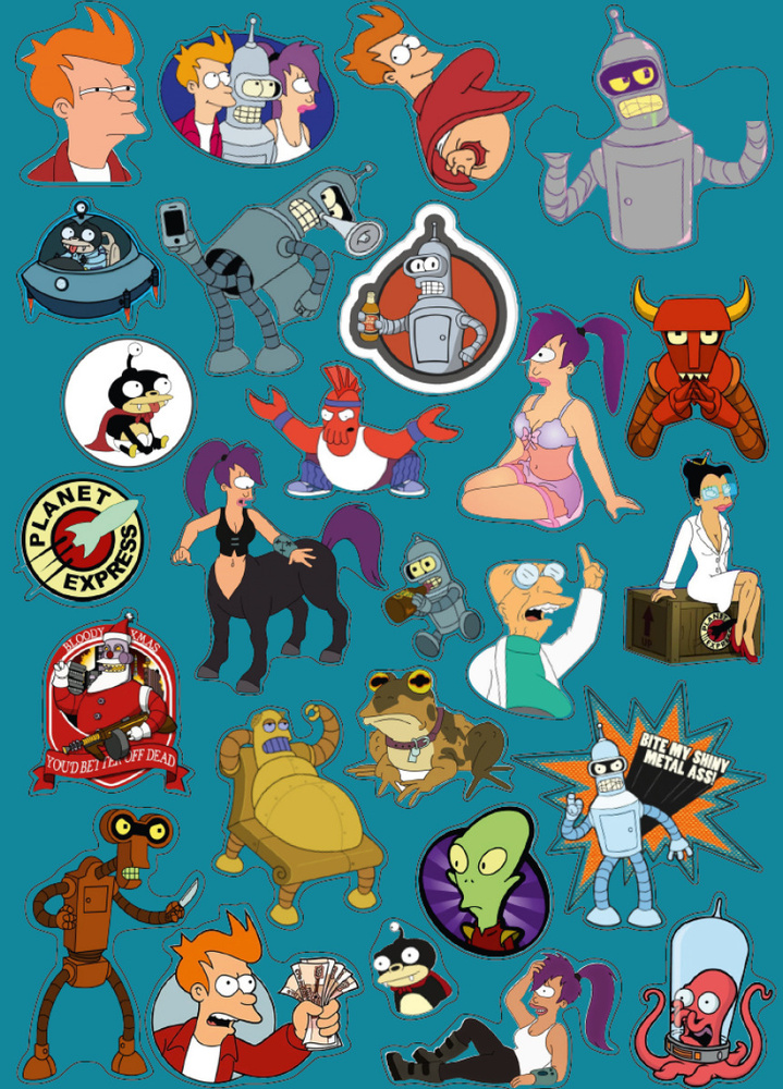 Виниловые наклейки стикеры по мультсериалу Футурама Futurama на листе ...