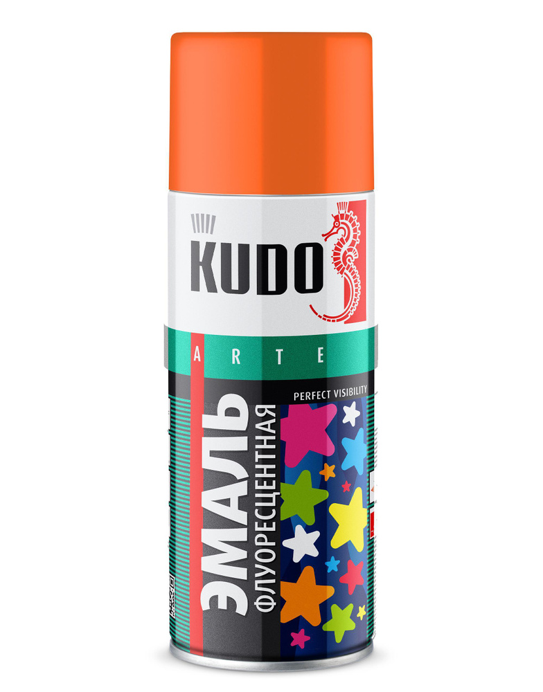Краска аэрозольная акриловая светящаяся флуоресцентная в баллончике KUDO, матовое покрытие, оранжево-желтая, #1