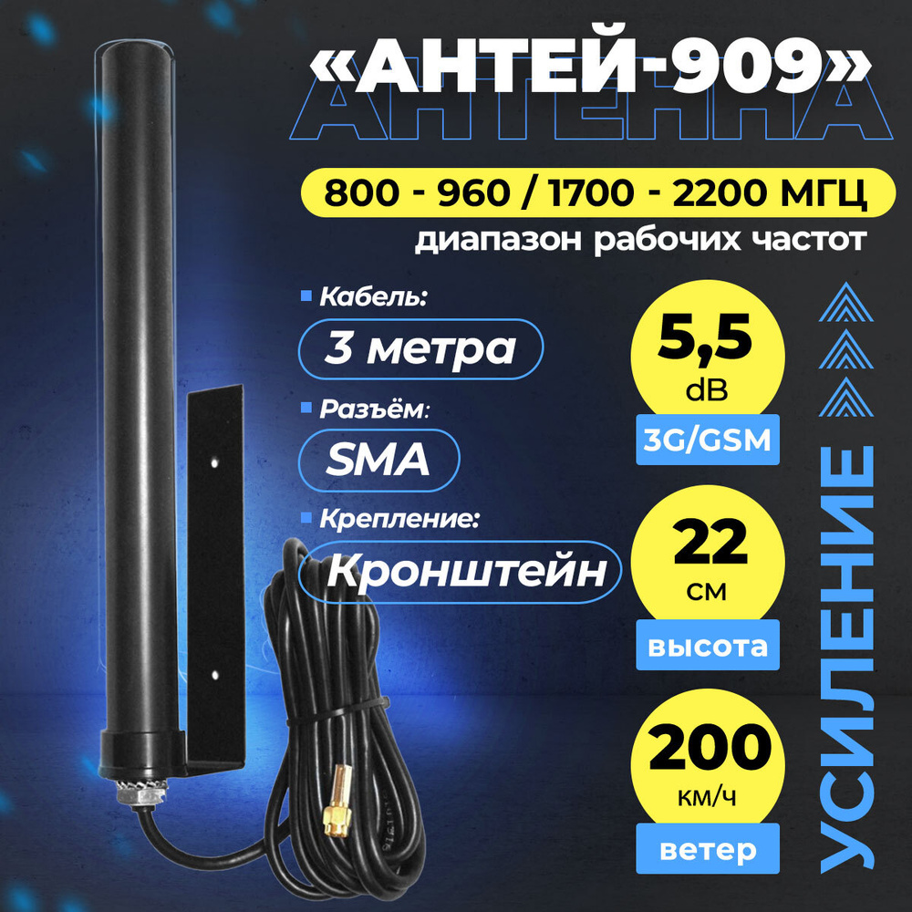 Антенна Антей 909 SMA GSM/3G 5,5дБ 3м на кронштейн - купить с доставкой ...