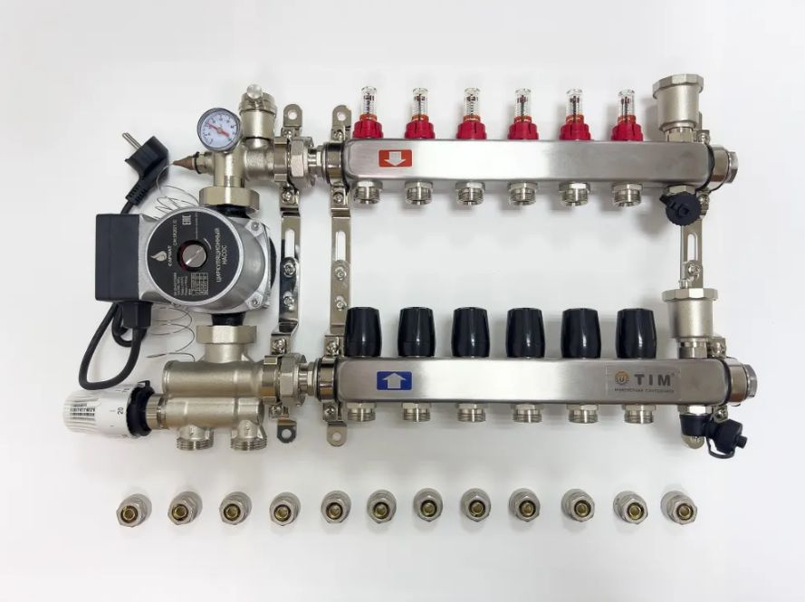 Комплект для водяного теплого пола с насосом, коллектором на 6 выхода с расходомерами, смесительным узлом, #1