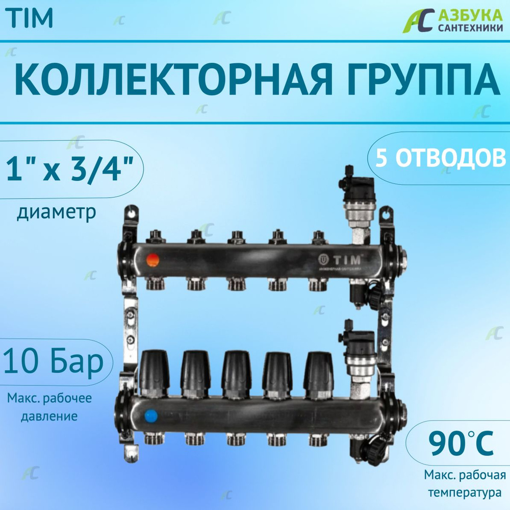 Коллекторная группа без расходомеров и кранов 1", 5 хода , нержавеющий (КВАДРАТ)  #1