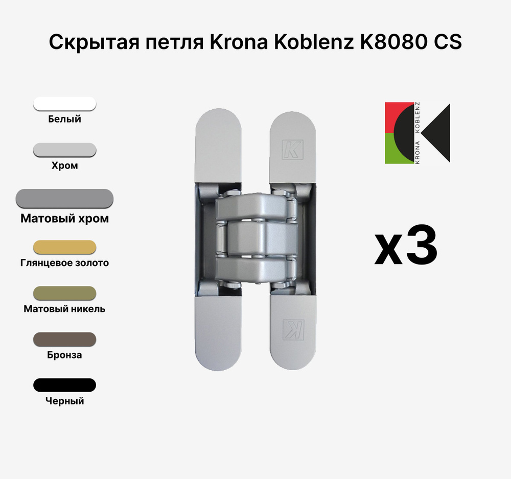 Комплект из 3х Скрытых петель KRONA KOBLENZ KUBICA K8080 ATOMIKA DXSX CS, Матовый хром  #1