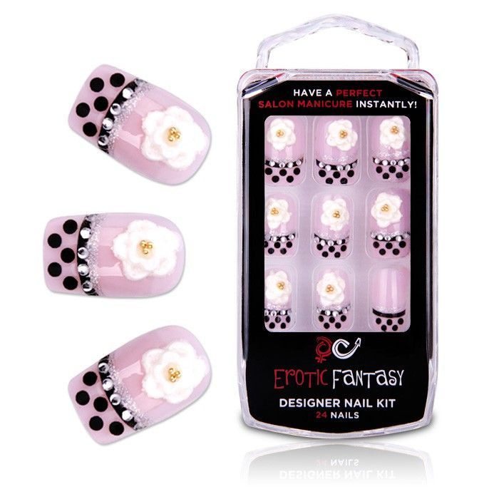 Накладные ногти, типсы для ногтей из акрила Erotic Fantasy Nail Tips Black Dots&Crystal розовые  #1