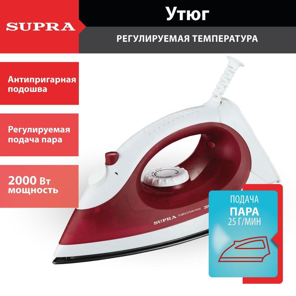 Утюг Supra с антипригарной подошвой, подача пара 25 г/мин, функция ...