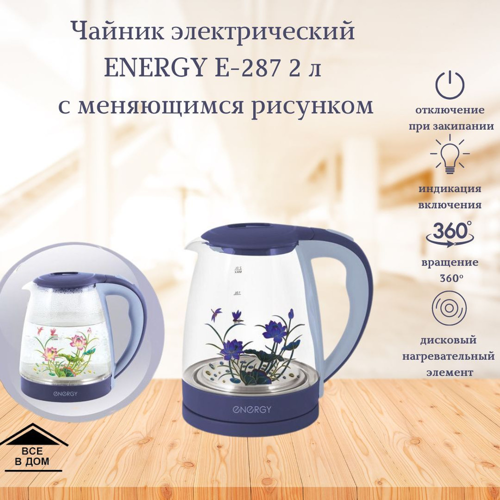 Чайник электрический стеклянный Техника для кухни Электрочайник Energy E-287 2 литра 2200 Вт фиолетовый #1