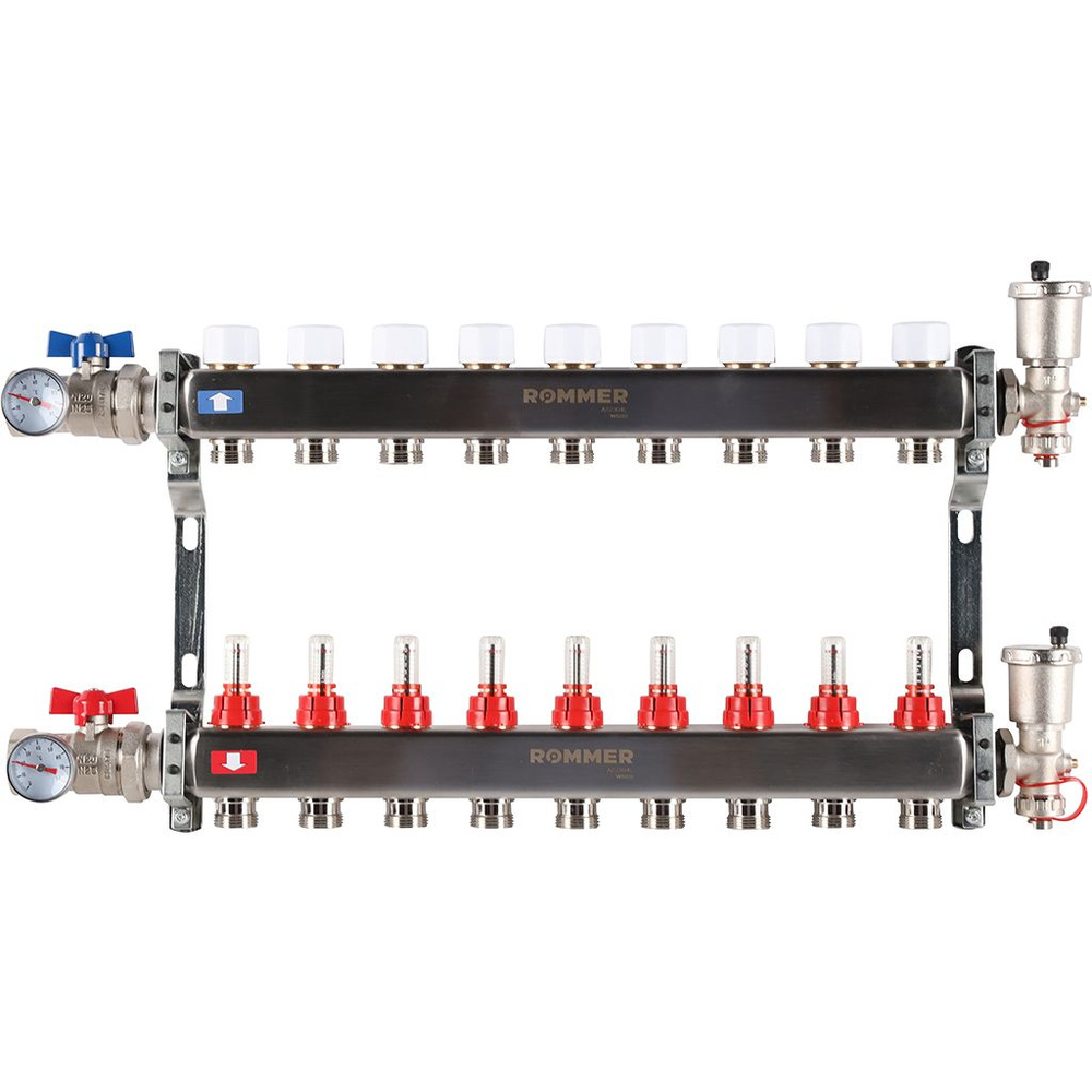 Коллектор для теплого пола ROMMER RMS-1210-000009 из нержавеющей стали в сборе с расходомерами 9 вых. #1