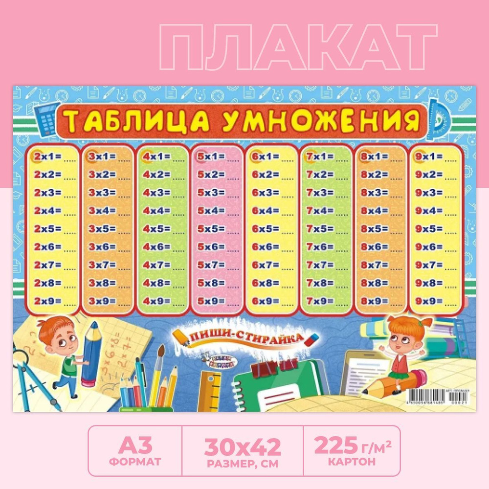 Обучающий плакат "Таблица умножения" пиши-стирай, постер для детей А3 ...