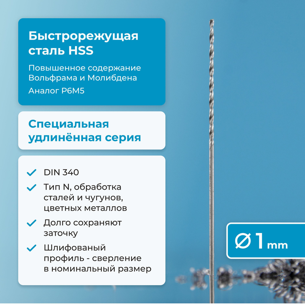 Сверло по металлу 1 мм NORGAU Industrial HSS удлинённое, шлифованное, с центрирующей подточкой перемычки, #1