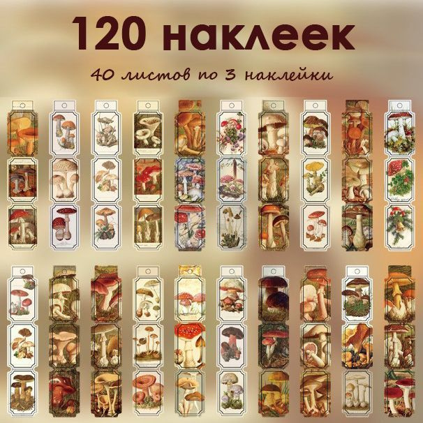 Винтажные наклейки 120 шт. Грибы для ежедневника, оформления открыток и подарков. Набор стикеров для #1