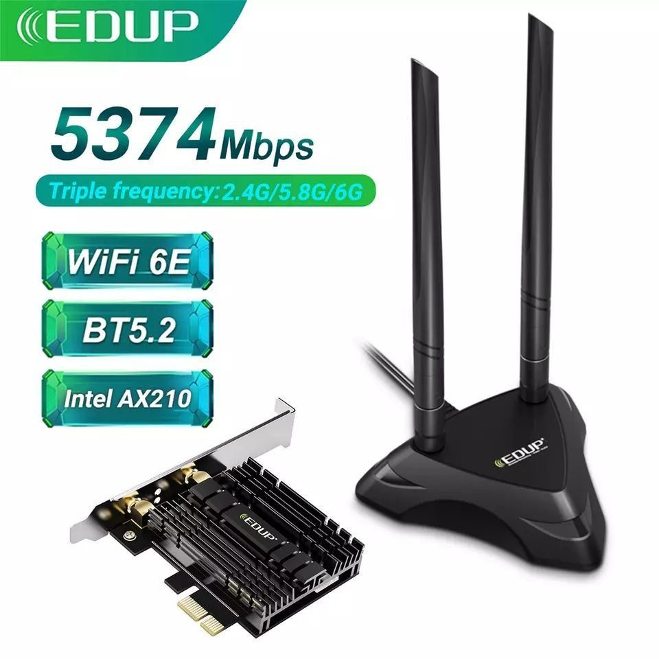 EDUP EP9651GS Pro WiFi 6E адаптер Intel AX210, 5374 Мбит/с, Bluetooth 5.3,  PCI Express, 802.11AX, Black