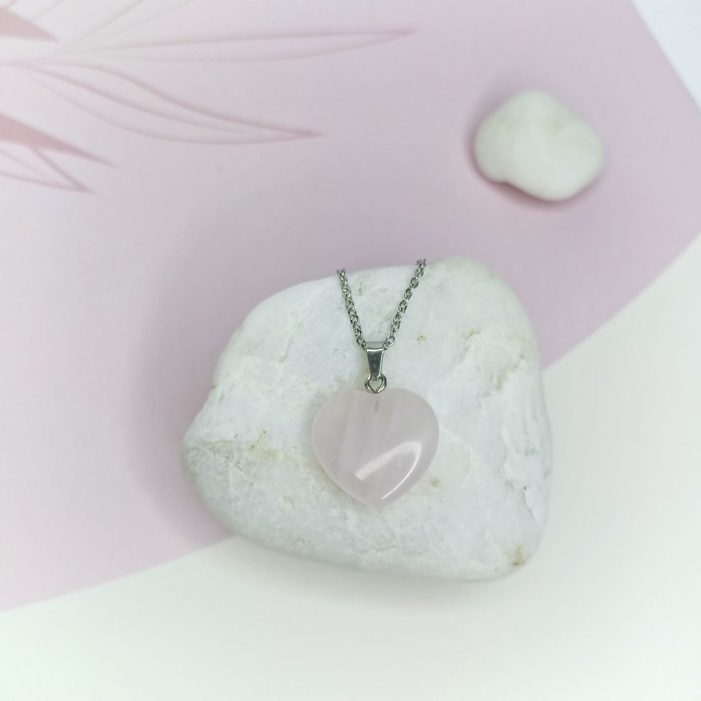 Подвеска-кулон розовый кварц натуральный камень сердце на цепочке из нержавеющей стали  #1