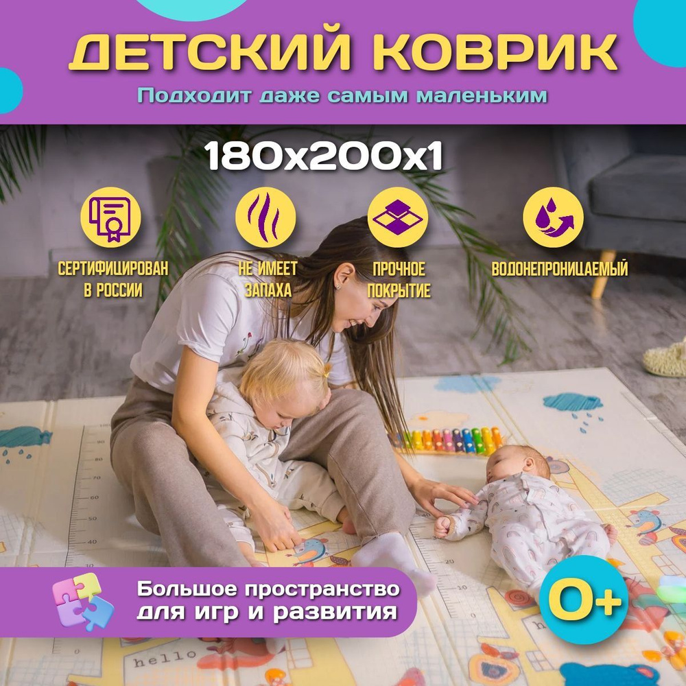 Коврик детский для ползания 180х200 ALEX CARE KIDS Мишки/ Слоники, складной  развивающий игровой двусторонний на пол для новорожденных малышей ...