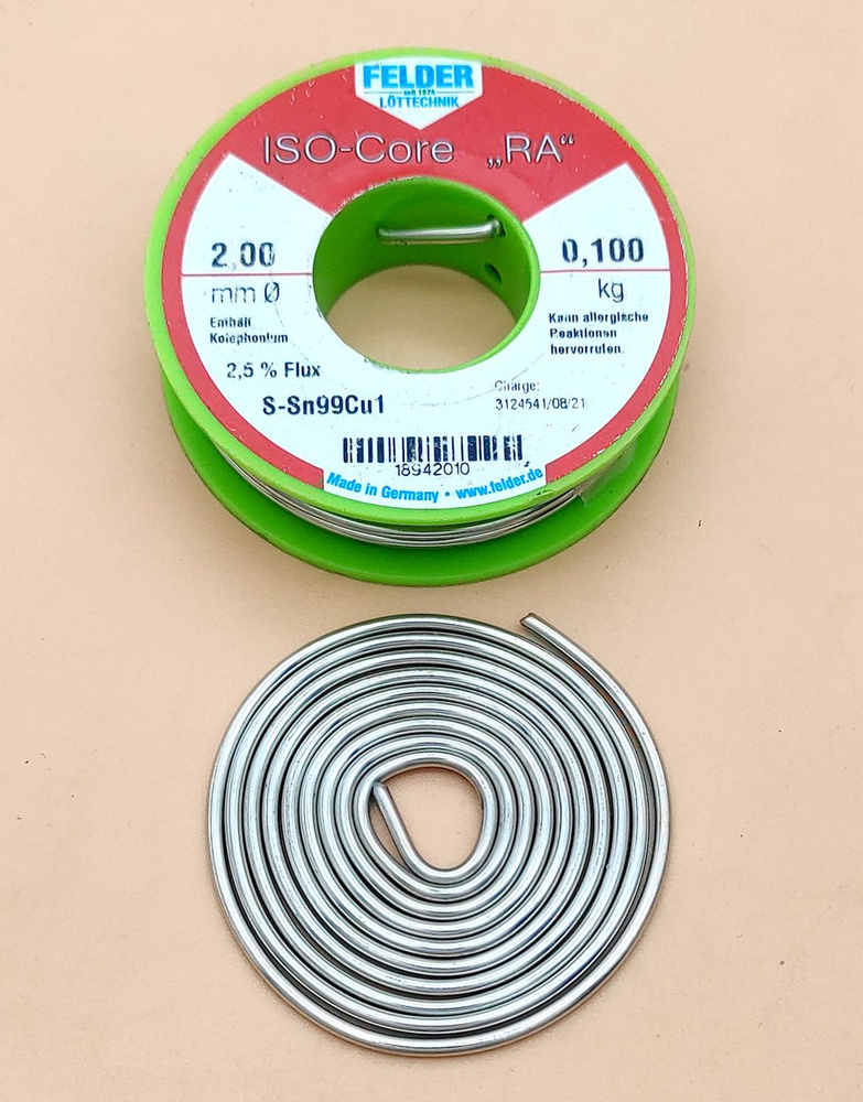 Припой ISO-Core "RA". Sn99Cu1. d2.0 мм. с флюсом 2.5% ROM1. спираль 1 метр. Felder  #1