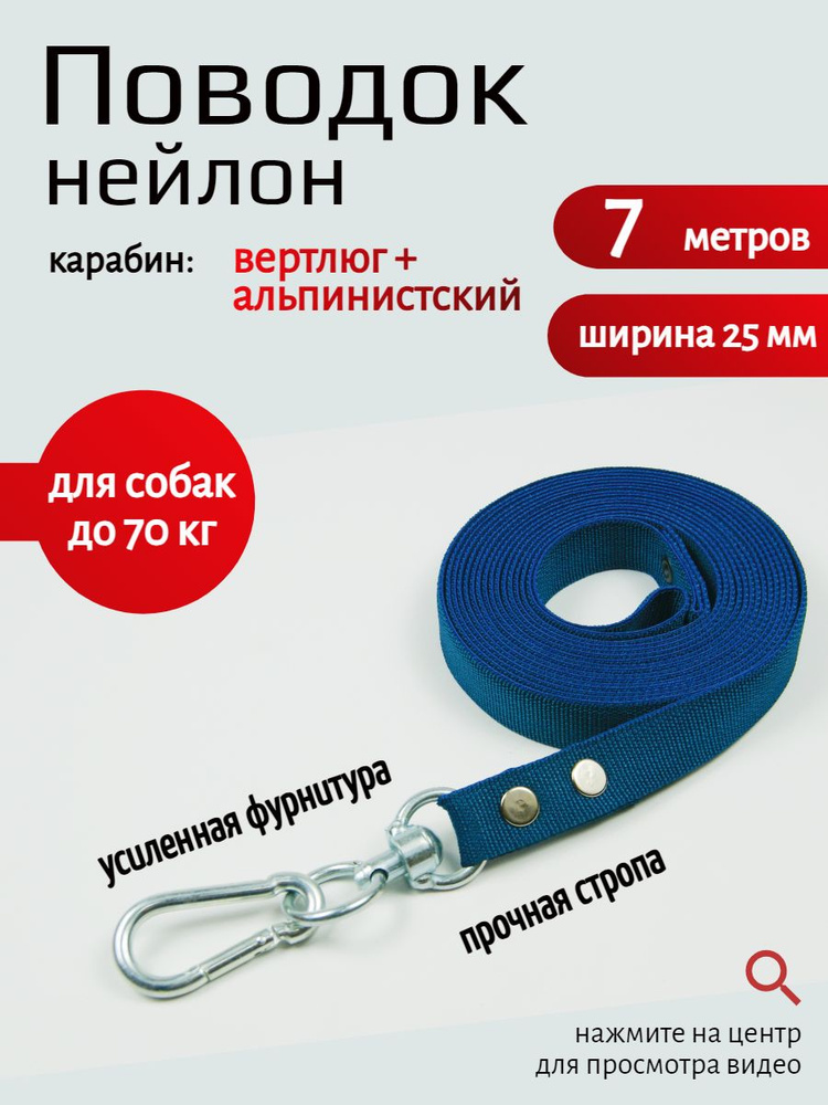 Поводок для собак с вертлюгом и альпинистским карабином нейлон 7 м х 25 мм (темно-синий)  #1