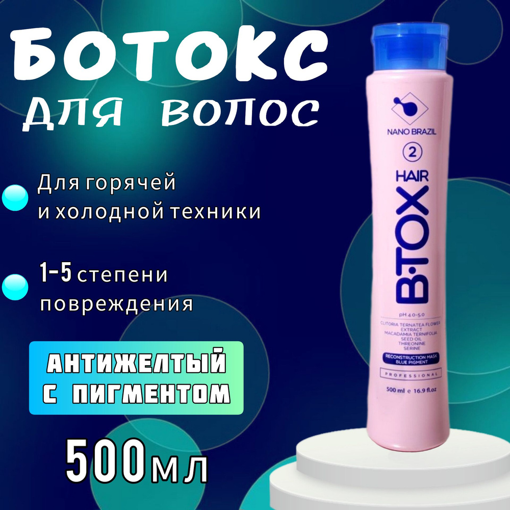 NANO BRAZIL / Ботокс для волос профессиональный 500мл HAIR B.TOX BLUE антижелтый с синим пигментом для #1