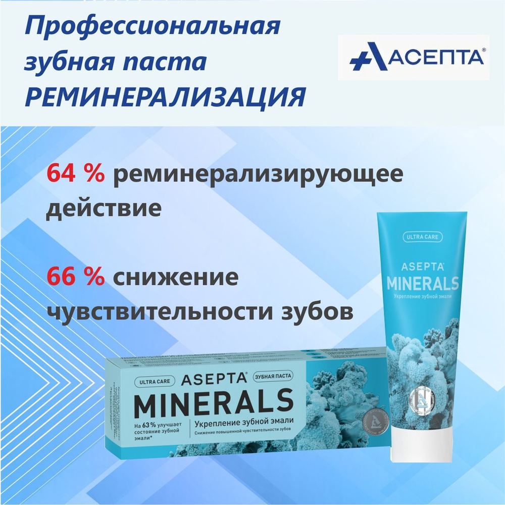 Зубная паста АСЕПТА MINERALS реминерализующая, 75 мл, для укрепления и  восстановления зубной эмали, снижения чувствительности зубов.