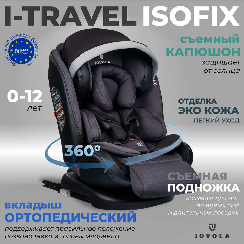 Автокресло детское Jovola I-Travel Isofix растущее, поворотное, 0-36 кг, группа 0,1,2,3, серый  #1