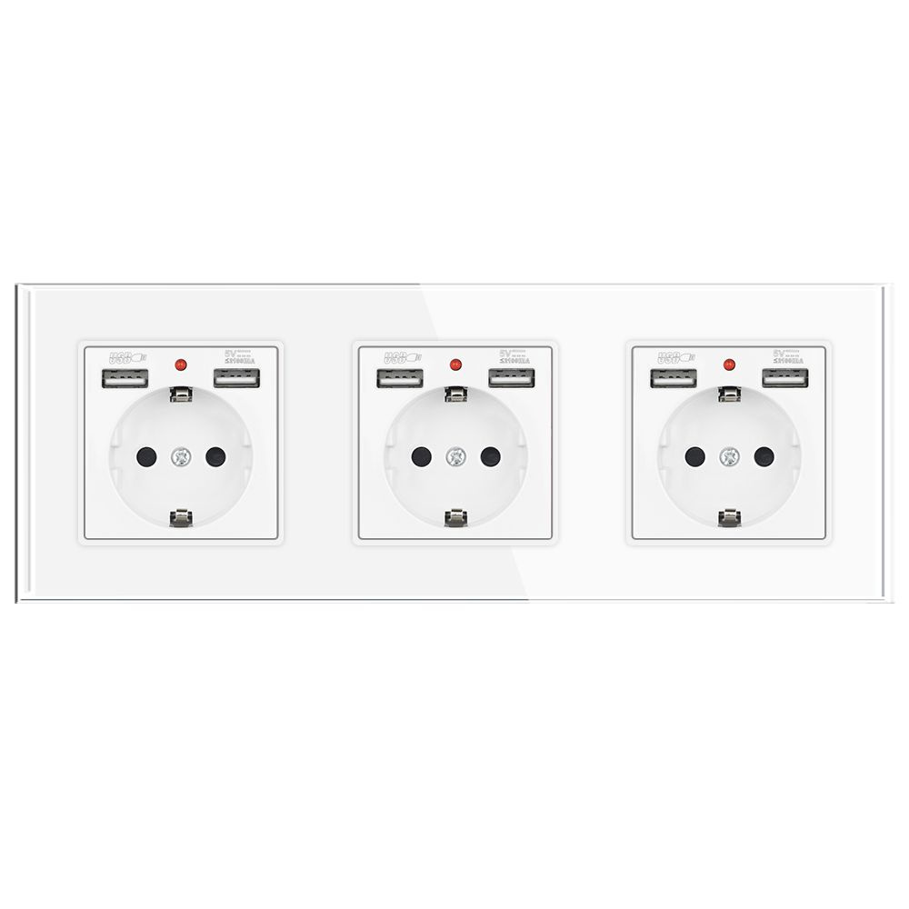 Розетка электрическая 3 поста, с Usb АА, рамка 224х82мм закаленное стекло,Белый  #1