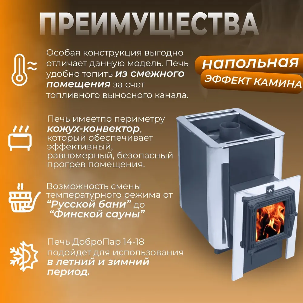 Дровяная печь для бани Термофор ДоброПар 14-18 (чугунная дверца со стеклом), 14-18, фото 5