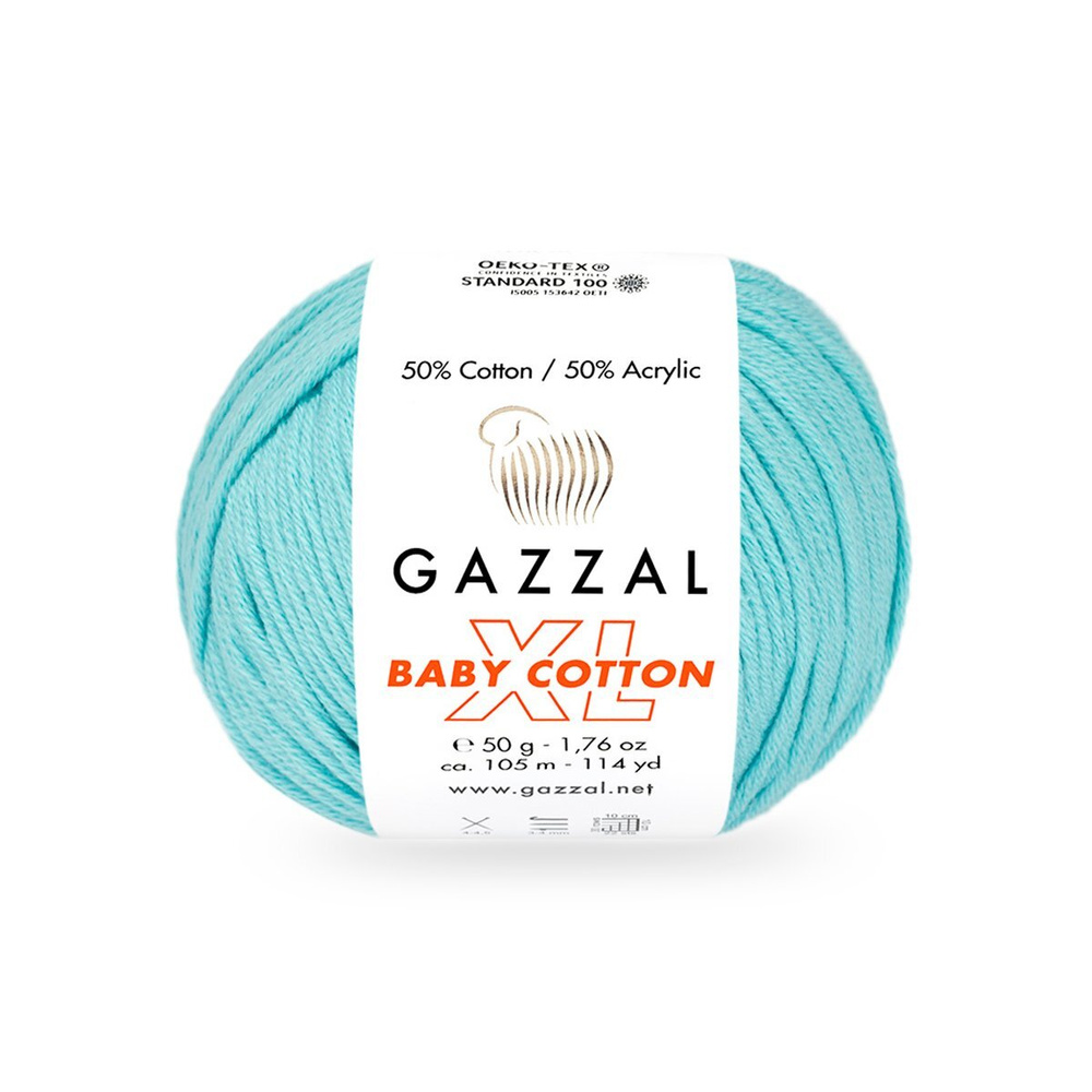 Пряжа Gazzal Baby Cotton xl 1 шт цвет 3451 св.бирюза, 105м/50г, 50% хлопок, 50% полиакрил /Газзал Беби #1