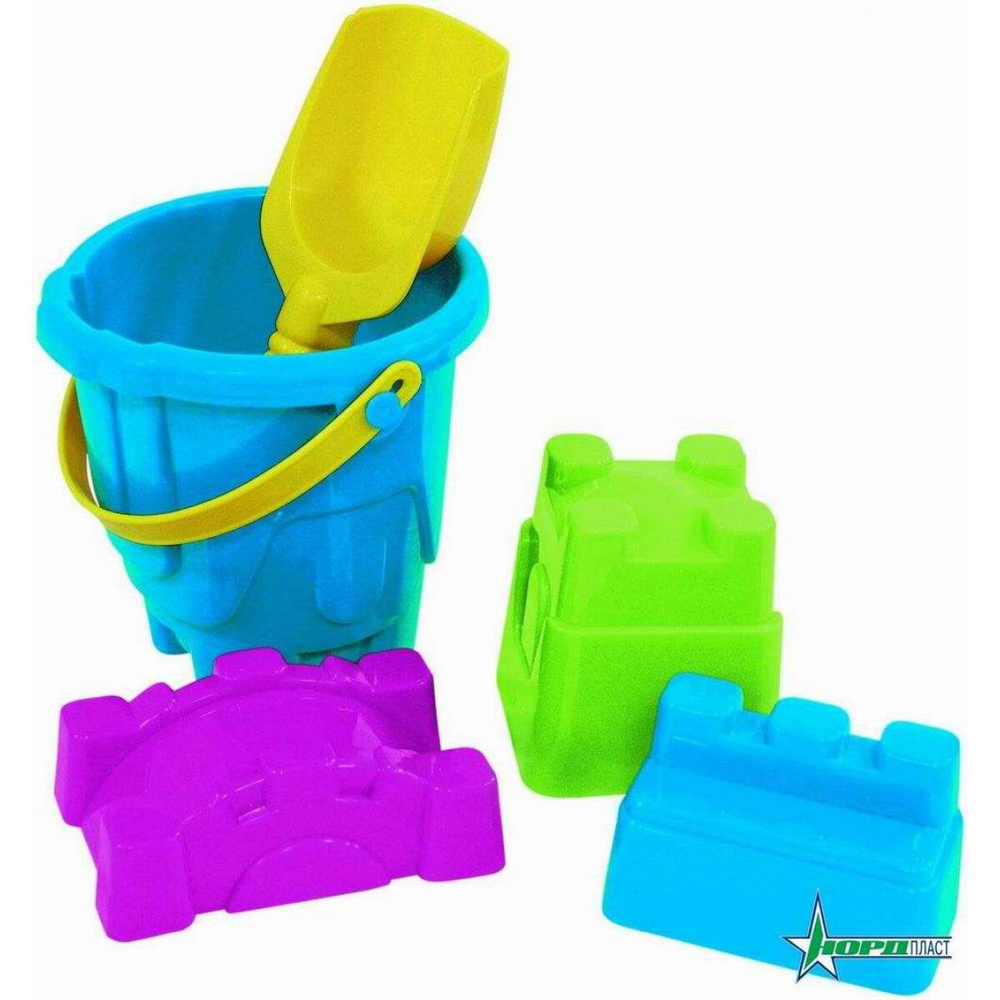 Набор для песка N8 (Ведро "Крепость" 083, Совок большой 026, 3 формочки ...