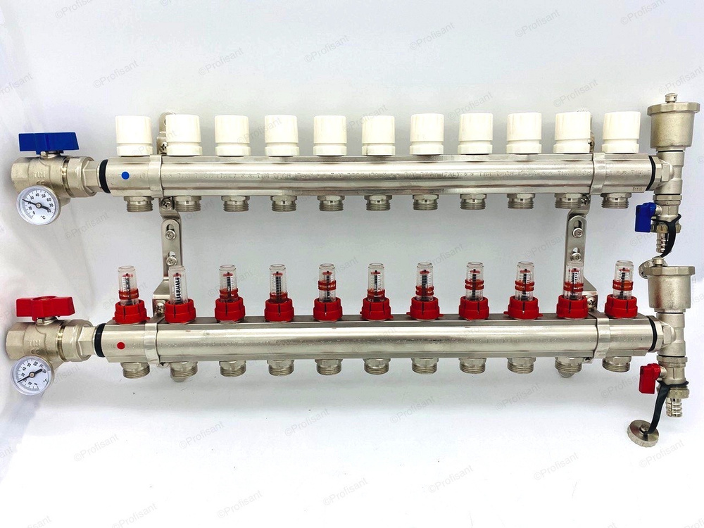 Коллектор для теплого пола с расходомерами, никелированная латунь, 1", 11 выходов , комплектован: автовоздухоотводчик, #1