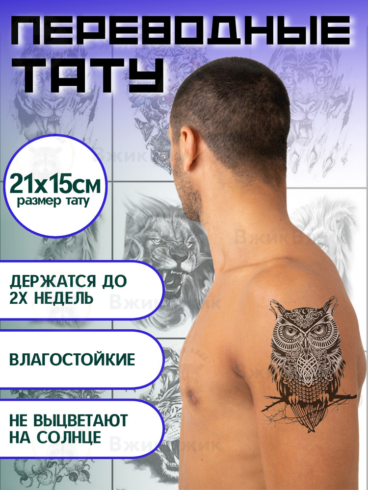 Переводные татуировки временные "Сова - 301" 21х15 см #1