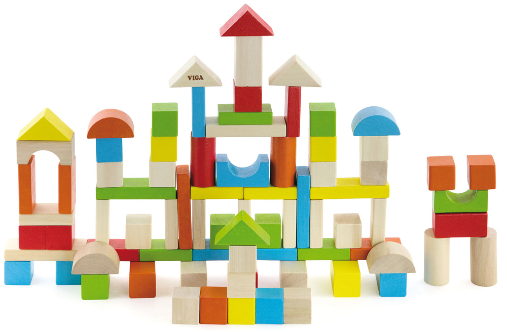 Деревянный конструктор Viga 50333 Цветной 80 деталей в ведре ...