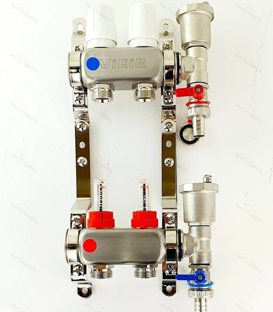 Коллектор для теплого пола 2 контура в сборе распределительный с расходометрами 1"x3/4" VIEIR  #1