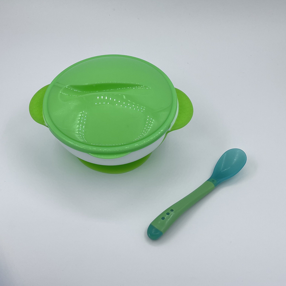 Набор детской посуды.. Ложка и чашка на присоске с крышкой для детей  #1
