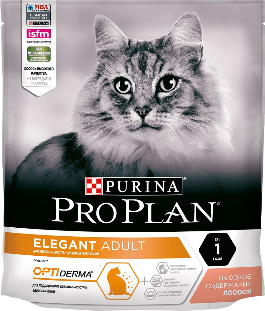 Корм для кошек сухой Pro Plan / Про План Elegant Adult для взрослых  животных для здоровья шерсти и кожи гранулы с лососем 400г / кошачья еда  гипоаллергенная для ежедневного кормления - купить