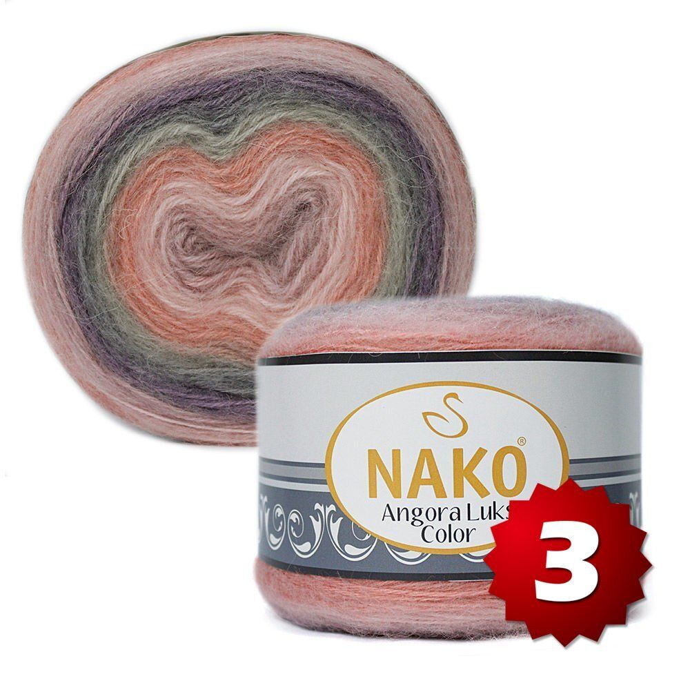 Пряжа Nako Angora Luks Color -3 шт, роза/фиолет/коралл (81915), 810м/150г, 5% мохер, 15% шерсть, 80% #1