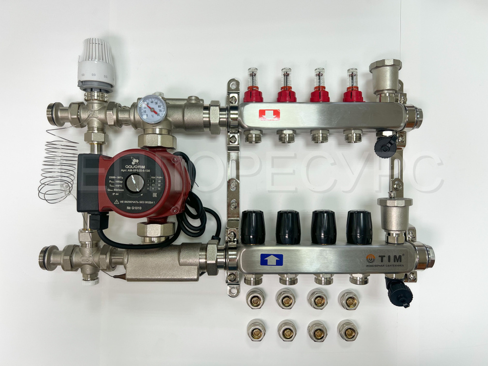Комплект для водяного теплого пола с насосом: Коллектор 4 выхода с расходомерами + смесительный узел #1