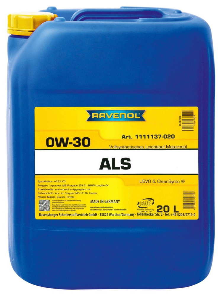 Масло моторное RAVENOL Als Sae 0W-30 Синтетическое 20 л 1111137-020-01 ...