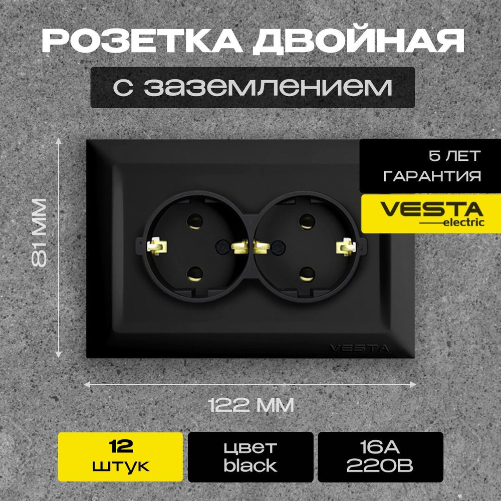Розетка двойная c заземлением черная Vesta-Electric Roma Black - 12 шт  #1